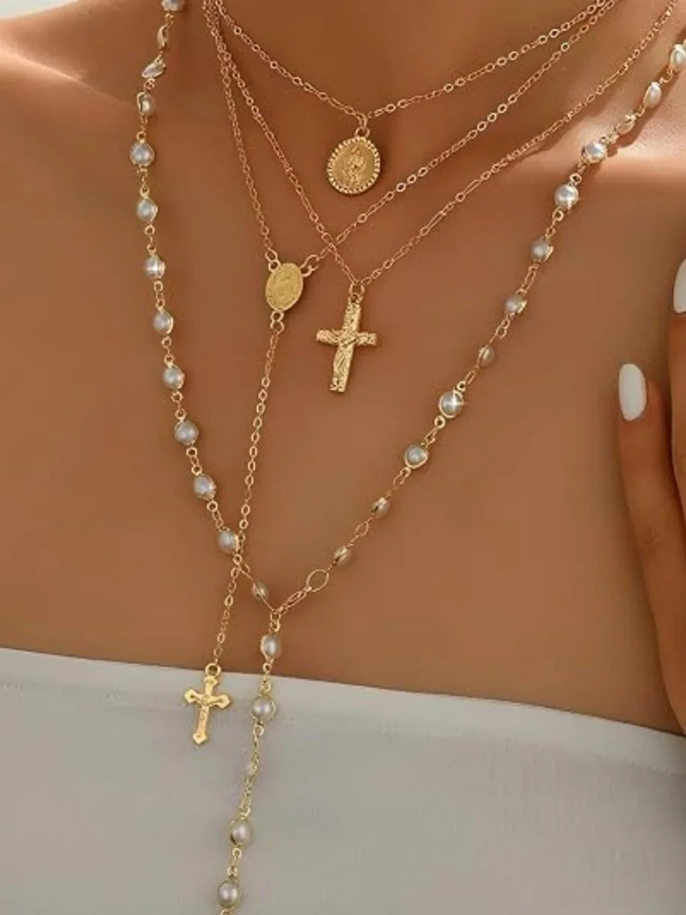 4PCS Layered Gold Cross Necklaces for Women Trendy, Bohemian Bead Pearl Y Long